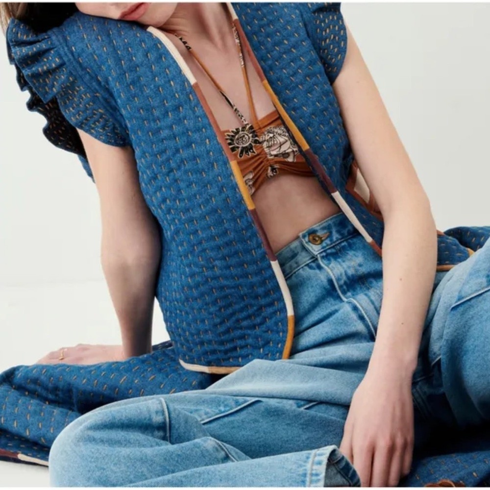 Sessun NWOT SZ Med Chiapello Denium Blue Quilted Vest leather trim‎ reversible - Picture 3 of 14